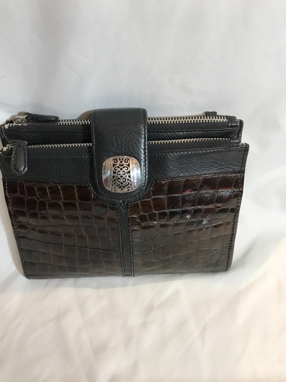 Brighton Black Brown Croc Leather Crossbody Organizer Bag Wallet Coin Purse Set